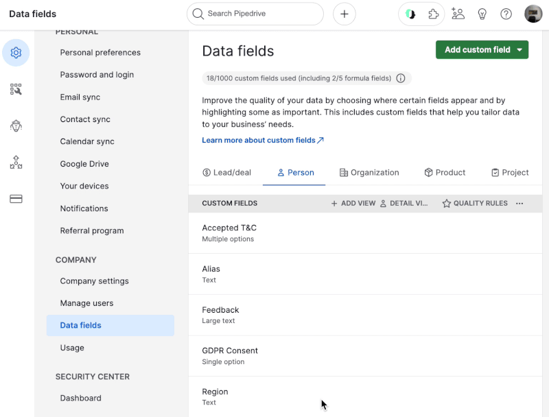 Data fields Pipedrive