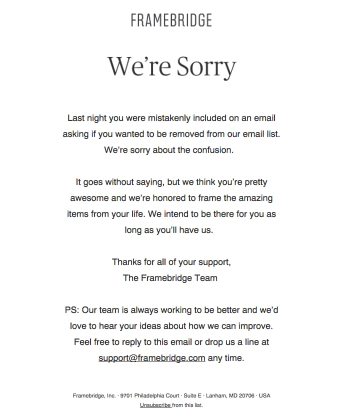 Framebridge Apology Email
